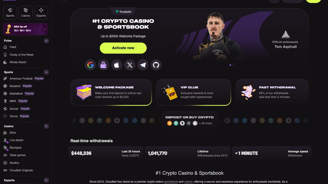 Cloudbet homepage screenshot, October 2026