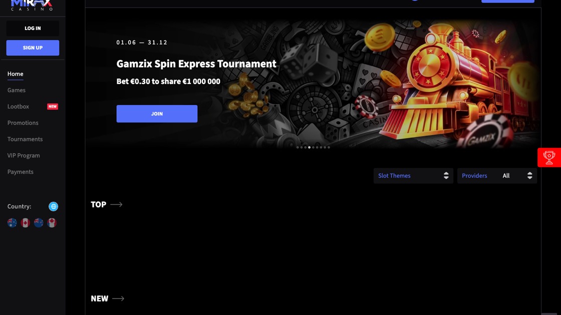 Mirax Casino homepage screenshot, October 2026